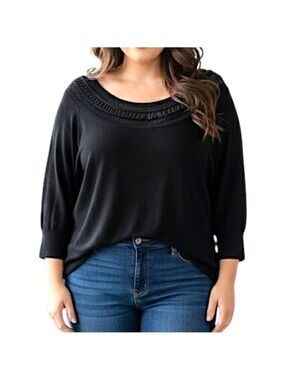 Addition Elle black mesh chiffon neckline half sleeve minimalist classic top 4X